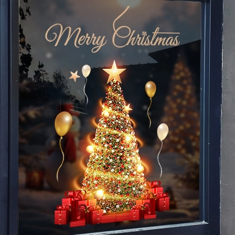 Adesivi per Finestre Albero di Natale Adesione Statica Palloncini Oro Scatola Regalo Rossa Merry Christmas Arredo Casa