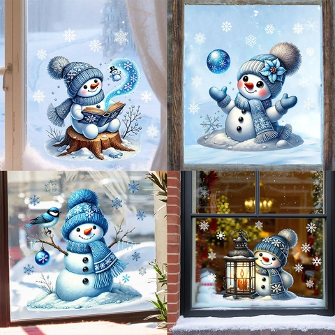 Christmas Snowman Static Window Clings PVC Removable Snowflake Decals For Glass Door Refrigerator Winter Holiday Home Decor