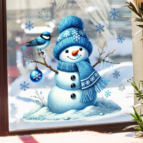Christmas Snowman Static Window Clings PVC Removable Snowflake Decals For Glass Door Refrigerator Winter Holiday Home Decor