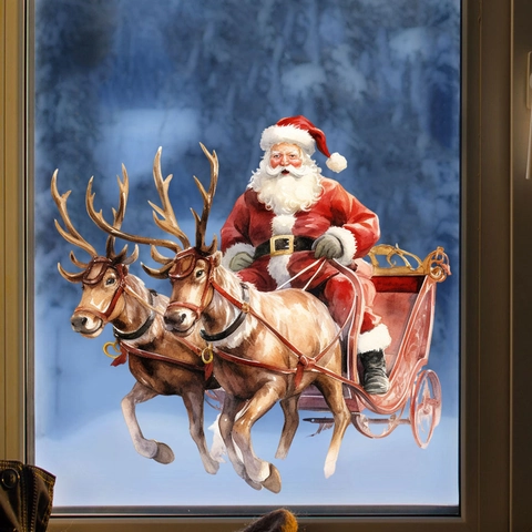 Pegatina de Ventana Estática de Papá Noel Reno Trineo de Navidad para Vidrio Refrigerador Coche Decoración de Hogar Invierno
