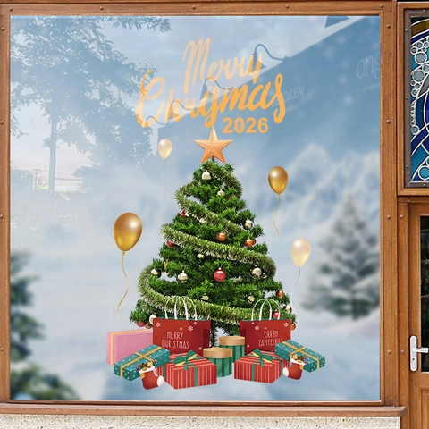 Adhesivo Estático para Ventana de Árbol de Navidad y Caja de Regalo de PVC Removible para Decoración Navideña de Hogar y Tienda