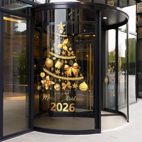 Fröhliche Weihnachten 2026 Goldener Weihnachtsbaum Fenstersticker Abnehmbares PVC Statisches Dekor Für Schaufenster Haus