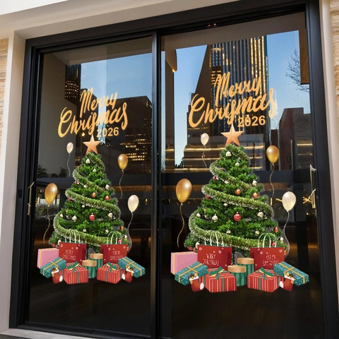 Christmas Tree Window Stickers Static Cling Gold Green Multicolor Holiday Decoration For Shop Glass Door Home PVC Wall Decals Merry Christmas