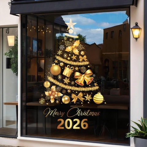 Fröhliche Weihnachten 2026 Goldener Weihnachtsbaum Fenstersticker Abnehmbares PVC Statisches Dekor Für Schaufenster Haus
