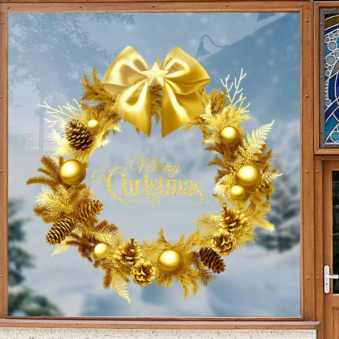 Gold Christmas Wreath Window Static Sticker PVC Merry Christmas Decal For Glass Door Cabinet Shop Home Festive Decor