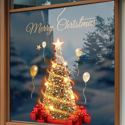 Adesivi per Finestre Albero di Natale Adesione Statica Palloncini Oro Scatola Regalo Rossa Merry Christmas Arredo Casa