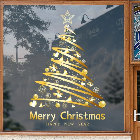 Pegatinas Estáticas de Ventana de Árbol de Navidad Dorado Calcomanías de Vidrio Removibles Feliz Navidad Copo de Nieve PVC Pegatinas de Pared