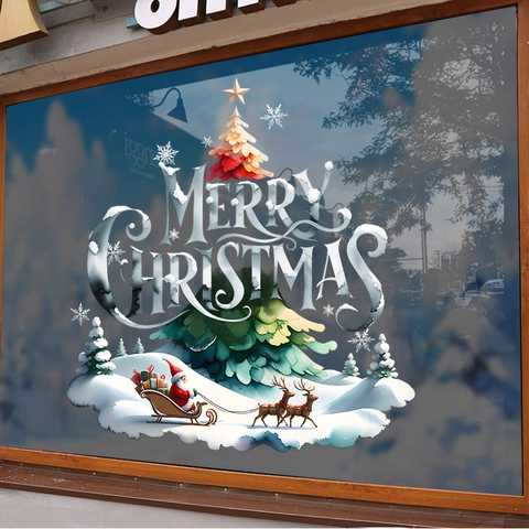 Fröhliche Weihnachten Fenster Statische Aufkleber PVC Abnehmbare Schneeszene Weihnachtsmann Rentier Weihnachtsbaum Dekore Für Haus