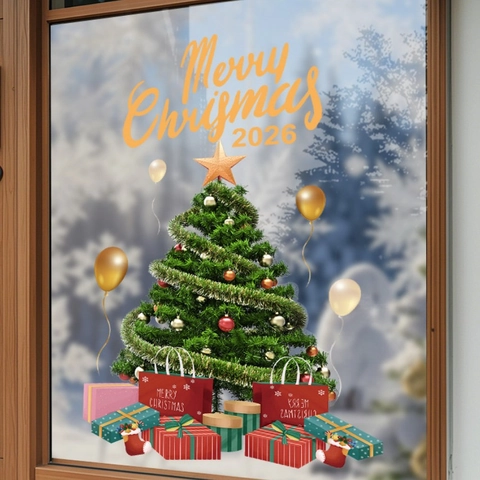 Adhesivo Estático para Ventana de Árbol de Navidad y Caja de Regalo de PVC Removible para Decoración Navideña de Hogar y Tienda