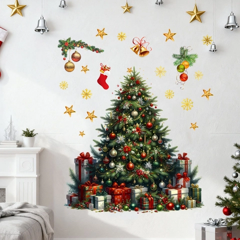 Adesivi Murali PVC Albero di Natale Regalo Campana Decalcomanie Festive Rimovibili per Soggiorno Camera da Letto Finestra