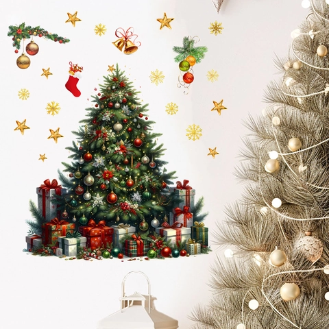 Adesivi Murali PVC Albero di Natale Regalo Campana Decalcomanie Festive Rimovibili per Soggiorno Camera da Letto Finestra