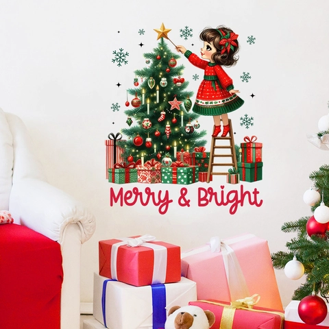 Weihnachtsbaum Wandsticker Mädchen Dekorieren Baum Mit Geschenken PVC Wasserdicht Abnehmbar Merry And Bright Haus Deko