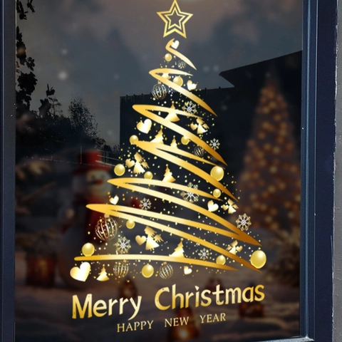 Pegatinas Estáticas de Ventana de Árbol de Navidad Dorado Calcomanías de Vidrio Removibles Feliz Navidad Copo de Nieve PVC Pegatinas de Pared