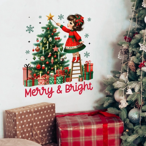 Weihnachtsbaum Wandsticker Mädchen Dekorieren Baum Mit Geschenken PVC Wasserdicht Abnehmbar Merry And Bright Haus Deko