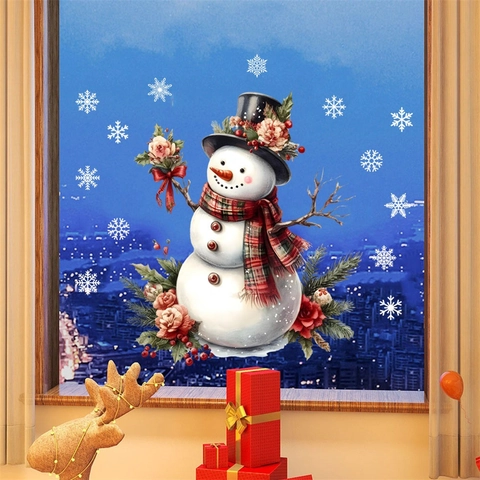 Pegatinas de Navidad de Muñeco de Nieve para Ventana PVC Estáticas Copo de Nieve Floral Decoración para Puerta Cristal Nevera