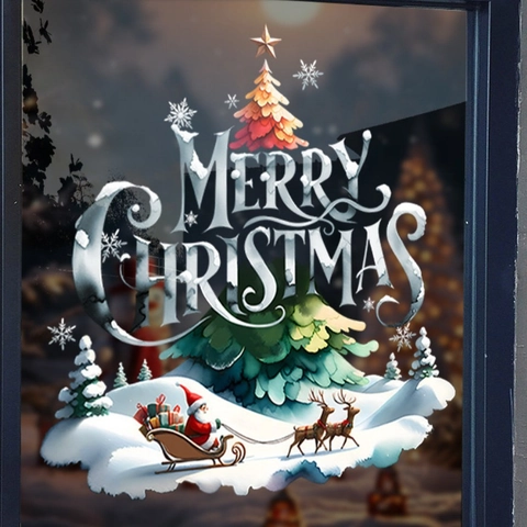 Fröhliche Weihnachten Fenster Statische Aufkleber PVC Abnehmbare Schneeszene Weihnachtsmann Rentier Weihnachtsbaum Dekore Für Haus
