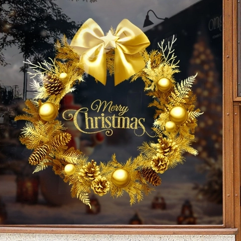 Gold Weihnachten Kranz Fenster Statische Aufkleber PVC Merry Christmas Dekal Für Glastür Schrank Geschäft Zuhause Festliche Deko