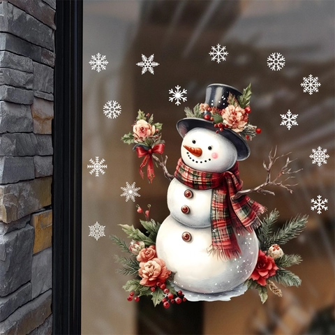 Pegatinas de Navidad de Muñeco de Nieve para Ventana PVC Estáticas Copo de Nieve Floral Decoración para Puerta Cristal Nevera