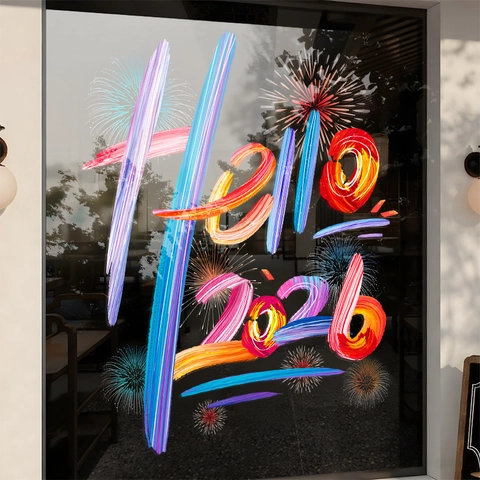 Hello 2026 Adesivi per Finestre di Capodanno Adsorbimento Statico Decalcomanie in PVC Motivo Fuochi d'Artificio Decorazione Porta Vetro
