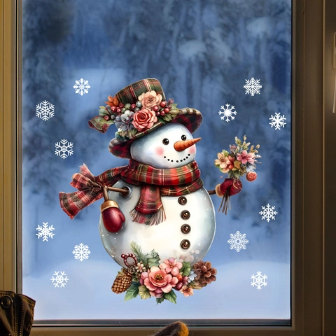 Weihnachts Schneemann Blume Schneeflocke Statischer Fensteraufkleber Abnehmbarer PVC Dekorativer Floraler Schneemann Aufkleber Für Glas Kühlschrank