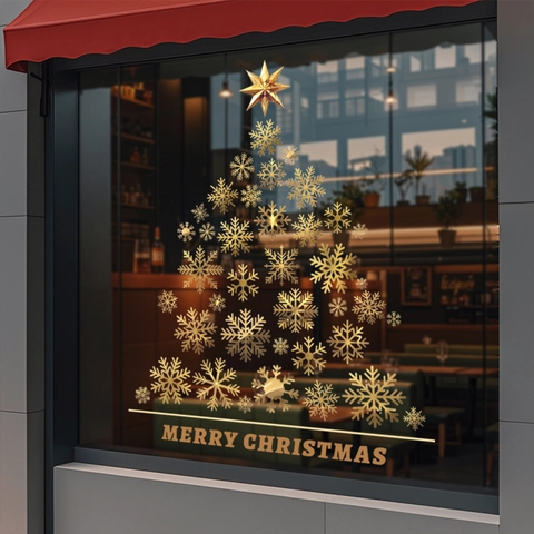 Goldener Weihnachts Schneeflocken Baum Fensteraufkleber Statisch Haftend Merry Christmas Glas Aufkleber Für Feiertag Deko