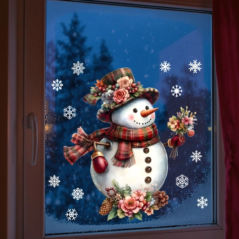 Weihnachts Schneemann Blume Schneeflocke Statischer Fensteraufkleber Abnehmbarer PVC Dekorativer Floraler Schneemann Aufkleber Für Glas Kühlschrank