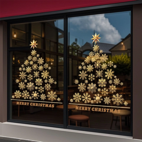 Goldener Weihnachts Schneeflocken Baum Fensteraufkleber Statisch Haftend Merry Christmas Glas Aufkleber Für Feiertag Deko