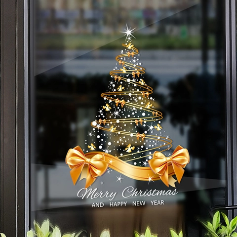 Gold Weihnachtsbaum Statische Fensteraufkleber Band Schleife Stern Sticker Frohe Weihnachten Glasdeko Für Heim Geschäft Dekor