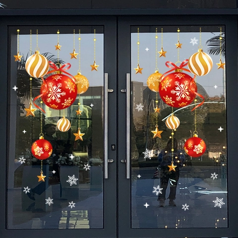 Pegatinas Estáticas para Ventanas de Navidad Bolas Rojas Oro Copos de Nieve Patrón para Puertas de Vidrio Escaparate Decoración