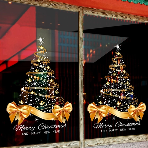 Gold Weihnachtsbaum Statische Fensteraufkleber Band Schleife Stern Sticker Frohe Weihnachten Glasdeko Für Heim Geschäft Dekor