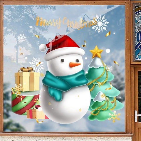 Pegatinas Estáticas Navidad Muñeco de Nieve Árbol Calcomanías de Vidrio PVC para Decoración Navideña Hogar Tienda 40x40cm