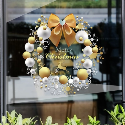 Weihnachtskranz Fensteraufkleber Gold Weiß Schleife Rentier Statische Haftfolie Für Glastür Weihnachten Party Deko