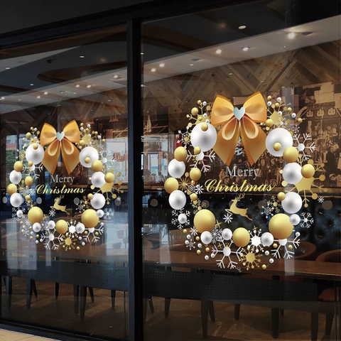 Weihnachtskranz Fensteraufkleber Gold Weiß Schleife Rentier Statische Haftfolie Für Glastür Weihnachten Party Deko