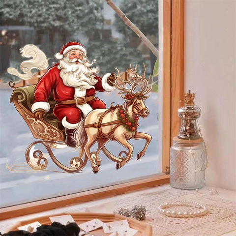 Weihnachten Weihnachtsmann Rentier Schlitten Statischer Fensteraufkleber PVC Abnehmbare Glasaufkleber Für Urlaub Haus Zimmer Deko