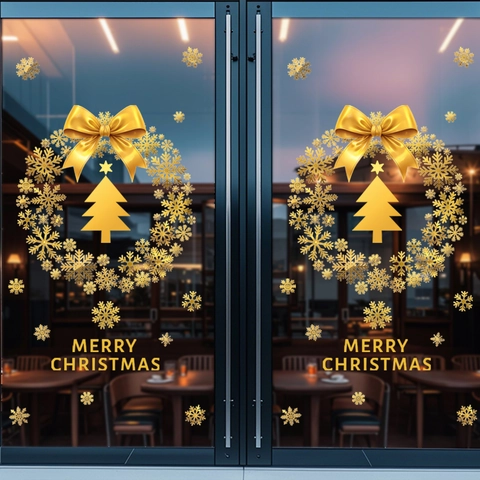 Gold Schneeflocke Weihnachtsbaum Statische Haftung Fensteraufkleber Abnehmbare PVC Merry Christmas Aufkleber Für Glastür Deko