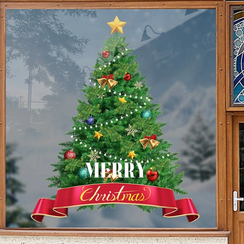 Weihnachtsbaum Statische Fensteraufkleber Merry Christmas PVC Wiederverwendbare Aufkleber Für Glasfenster Tür Shop Haus Wanddekor