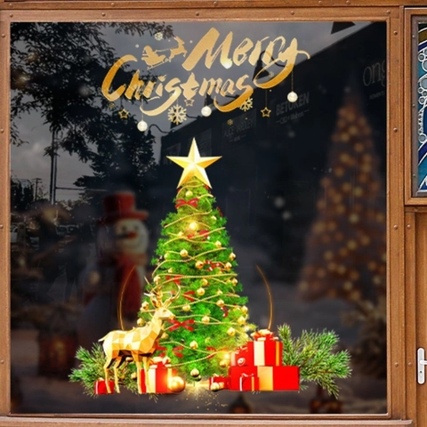 Weihnachten Fenster Statische Aufkleber PVC Festlich Gold Hirsch Baum Geschenkbox Dekore Für Laden Glas Schrank Heimdekor