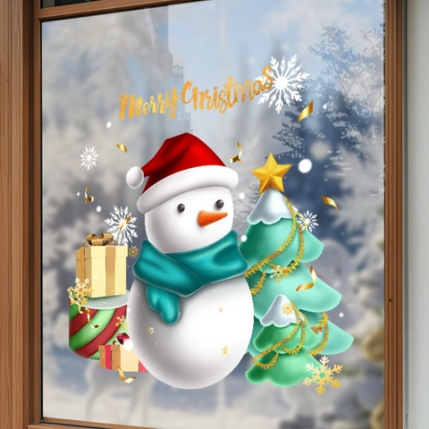 Pegatinas Estáticas Navidad Muñeco de Nieve Árbol Calcomanías de Vidrio PVC para Decoración Navideña Hogar Tienda 40x40cm