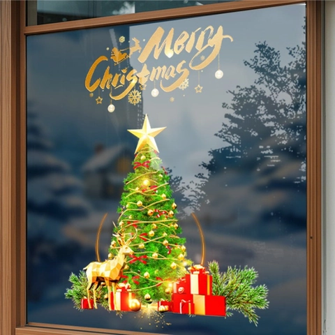Weihnachten Fenster Statische Aufkleber PVC Festlich Gold Hirsch Baum Geschenkbox Dekore Für Laden Glas Schrank Heimdekor