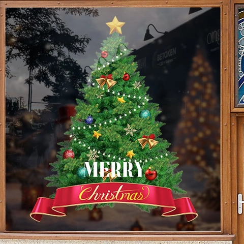 Weihnachtsbaum Statische Fensteraufkleber Merry Christmas PVC Wiederverwendbare Aufkleber Für Glasfenster Tür Shop Haus Wanddekor