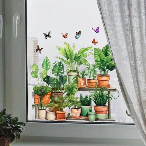Piante Verdi in Vaso Farfalle Adesivi Statici per Finestre Impermeabile Rimovibile PVC Decalcomanie da Muro per Casa Vetro Decorazione