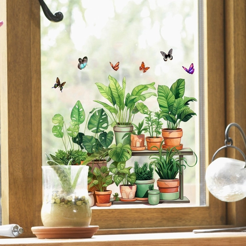 Piante Verdi in Vaso Farfalle Adesivi Statici per Finestre Impermeabile Rimovibile PVC Decalcomanie da Muro per Casa Vetro Decorazione