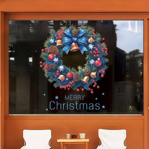 Pegatina Ventana Corona de Navidad Campana Removible Adhesión Estática PVC Decoración Frigorífico Puerta Vidrio Púrpura