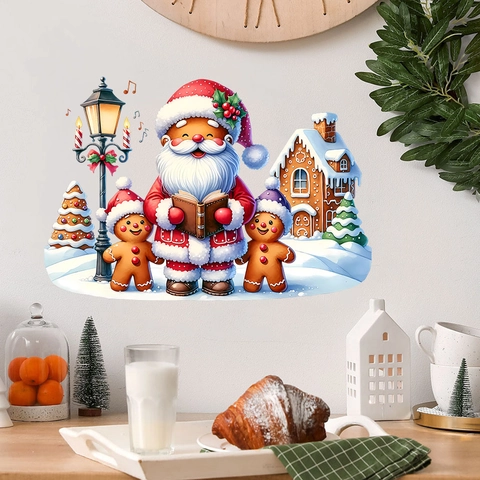 Pegatina de Pared PVC Navidad Papá Noel Hombre de Jengibre Farola Impermeable Autoadhesiva Decorativa Hogar Mural Art