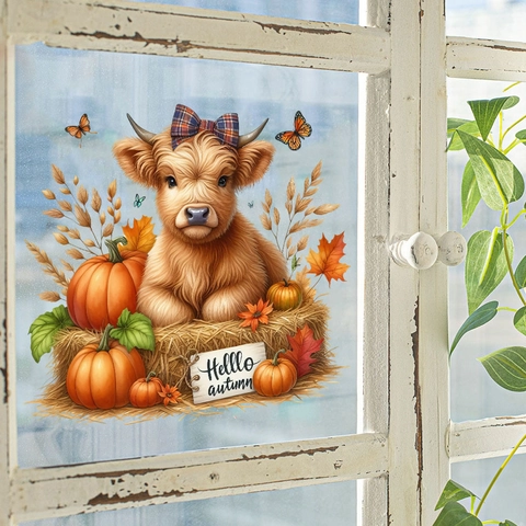 Herbst Highland Kuh Kürbis Fensteraufkleber Statisch Haftend Ahornblatt Schmetterling Glasaufkleber Für Erntedankfest Home Dekor
