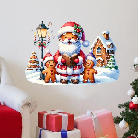 Pegatina de Pared PVC Navidad Papá Noel Hombre de Jengibre Farola Impermeable Autoadhesiva Decorativa Hogar Mural Art