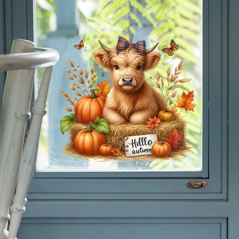 Herbst Highland Kuh Kürbis Fensteraufkleber Statisch Haftend Ahornblatt Schmetterling Glasaufkleber Für Erntedankfest Home Dekor