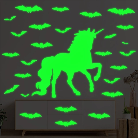 Luminous Glow In The Dark Wall Stickers Unicorn And Bats Silhouette PVC Self Adhesive Kids Room Home Decor Halloween Wall Decals