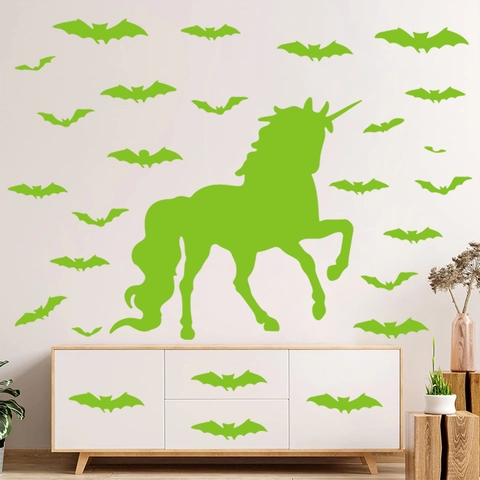 Luminous Glow In The Dark Wall Stickers Unicorn And Bats Silhouette PVC Self Adhesive Kids Room Home Decor Halloween Wall Decals