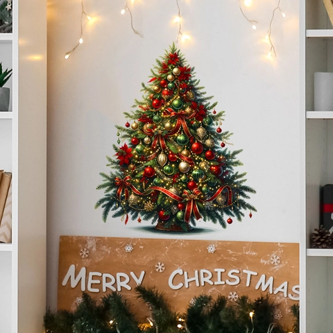 Vinilo Decorativo Árbol de Navidad Calcomanía de PVC Removible Con Bolas Rojas Oro Estrellas Decoración Para Sala de Estar